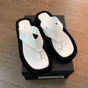 Tony Bianco White/Black Flip Flops— The Row Ginza sandal dupe